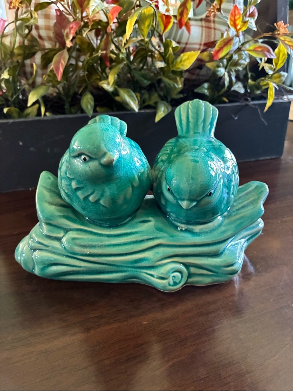 Turquoise Ceramic Bird Figurine Pair on Branch - Home Art euc 9” long x 5” high